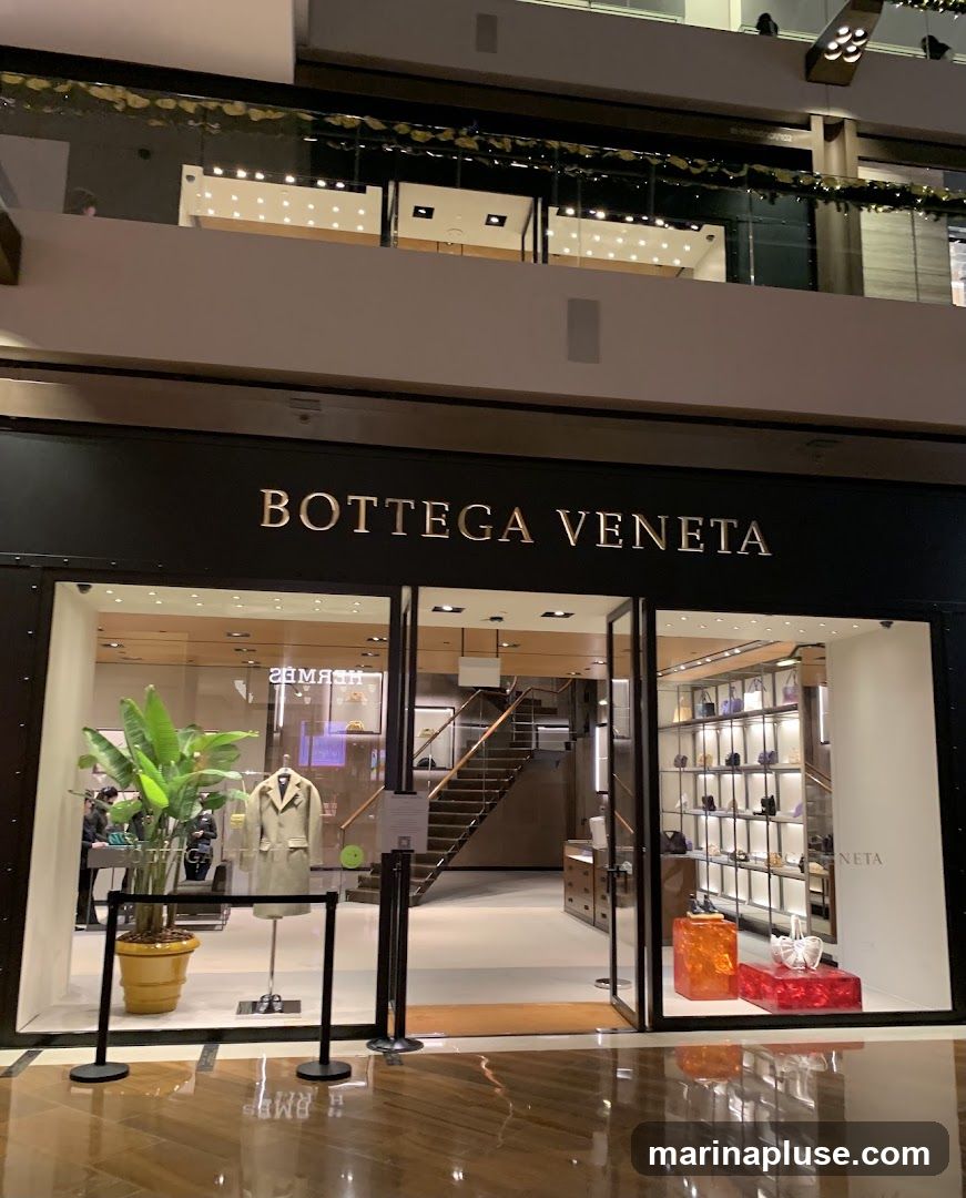 The exterior of a Bottega Veneta store. The store has a black facade with the gold lettering "BOTTEGA VENETA" above the entrance. The entrance consists of large glass doors and windows, revealing the interior. Inside, a mannequin displays a trench coat, and shelves are stocked with handbags. A large potted plant is positioned to the left of the entrance.