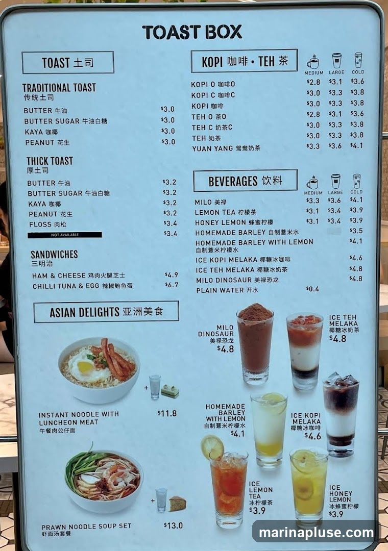 Menu with sections for Toast, Kopi & Teh, Beverages, and Asian Delights.