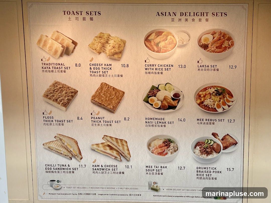 A menu displaying various set meals including toast sets and Asian delights.
