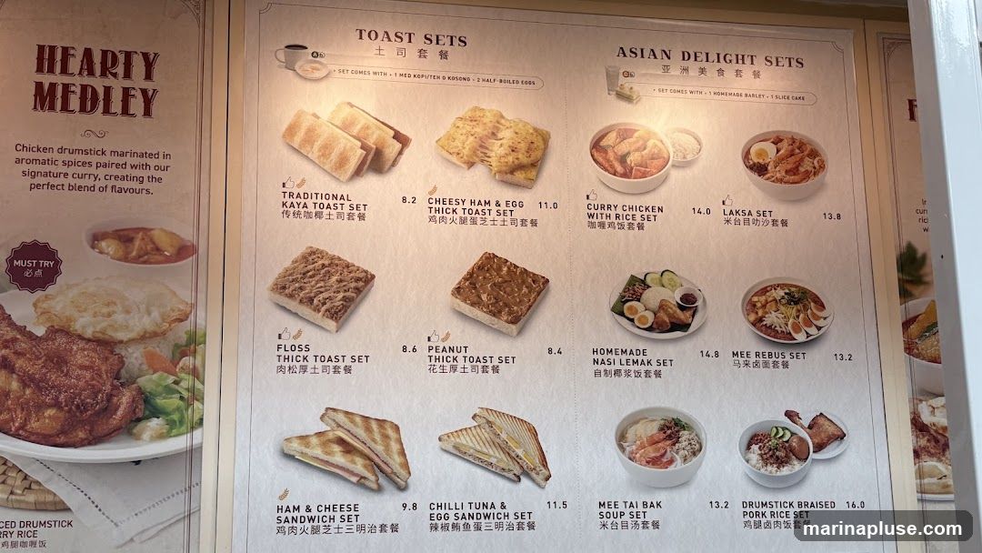 A menu featuring various sets including Toast Sets, Asian Delight Sets, and Hearty Medley.