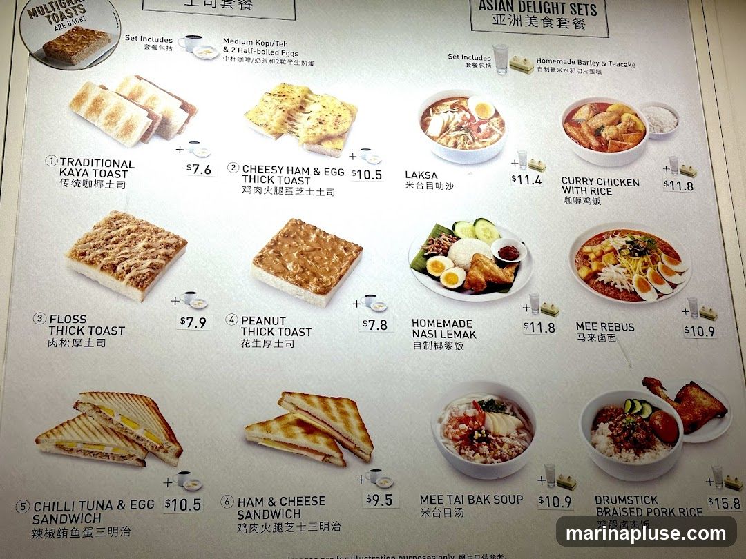 Menu featuring various toast sets, Asian delight sets, sandwiches, and rice dishes.