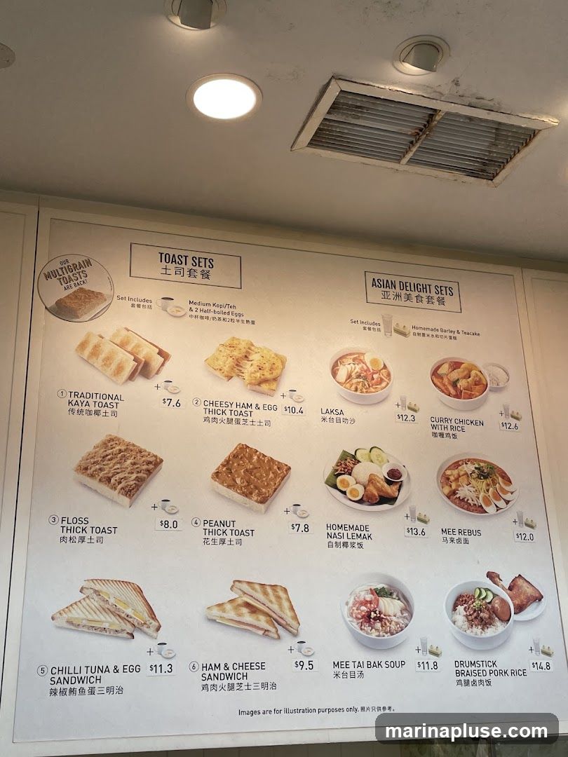 A menu displaying various toast sets and Asian delight sets with images and prices.