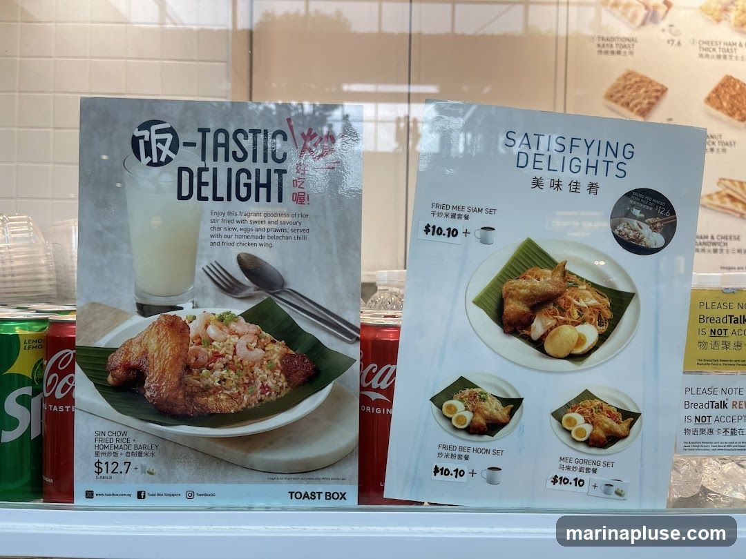 Two promotional posters are displayed, one for "Tastastic Delight" featuring a fried rice dish with chicken wing and a drink, and another for "Satisfying Delights" showcasing various noodle sets. Cans of soda are visible below the posters.