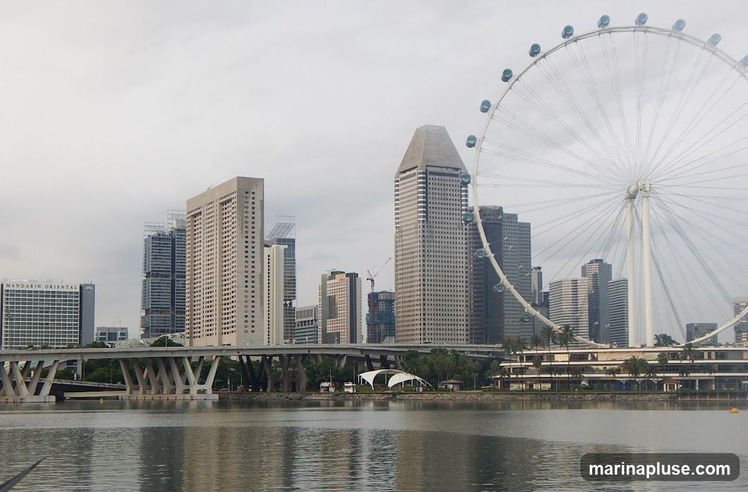 A wide shot of the Singapore skyline on an overcast day. The Singapore Flyer, a large Ferris wheel, is prominent on the right side of the image. Several tall buildings, including the Mandarin Oriental, are visible. A bridge spans across the water in the foreground, with a body of water reflecting the buildings and sky.