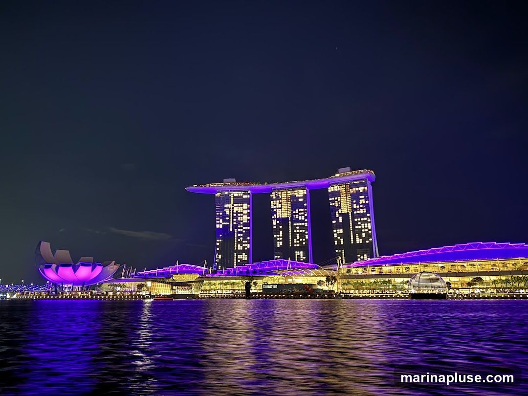 A nighttime view of the Marina Bay Sands complex in Singapore, illuminated with purple and white lights. The iconic three towers are visible, connected by the SkyPark, with many windows lit up. The lotus-shaped ArtScience Museum is also illuminated on the left. The building is reflected in the dark water in the foreground.