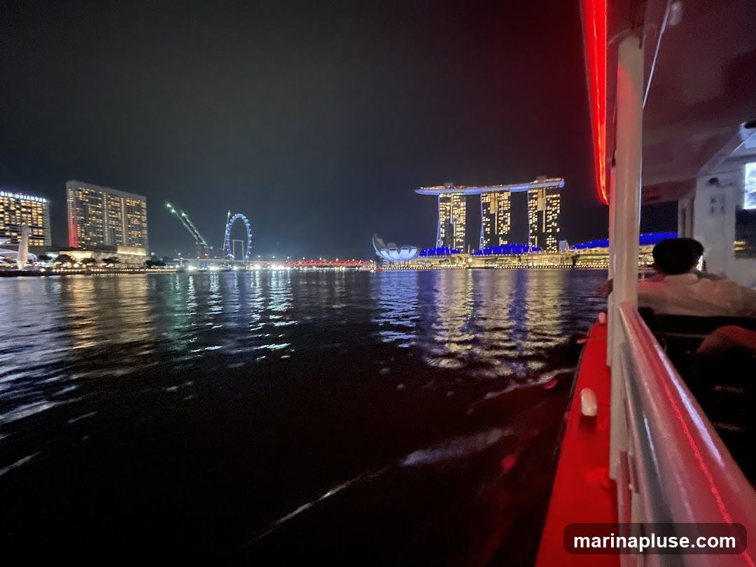 A view from a boat at night, looking towards a city skyline illuminated by lights. The boat has red trim and a person is visible in the foreground. The skyline features several tall buildings, including a distinctive three-towered structure and a Ferris wheel. The water reflects the city lights.