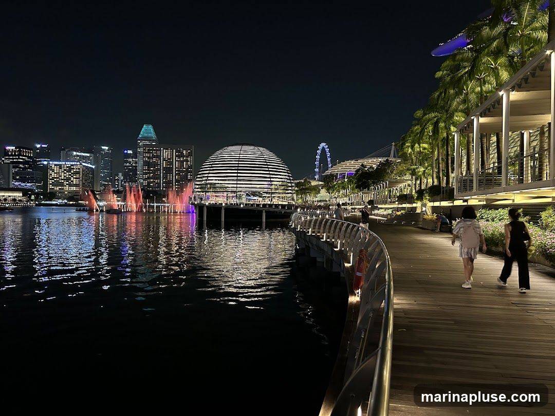 A nighttime view of a waterfront promenade with a city skyline in the background. A light and water show is in progress on the water, with colorful fountains illuminated. Palm trees line the promenade, and people are walking along the wooden walkway. The architecture includes modern buildings and a distinctive domed structure.