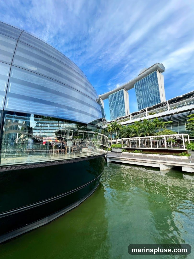 A modern building with a curved glass facade is reflected in green water. In the background, the iconic Marina Bay Sands hotel complex is visible under a blue sky with scattered clouds. Palm trees and other greenery line the waterfront.