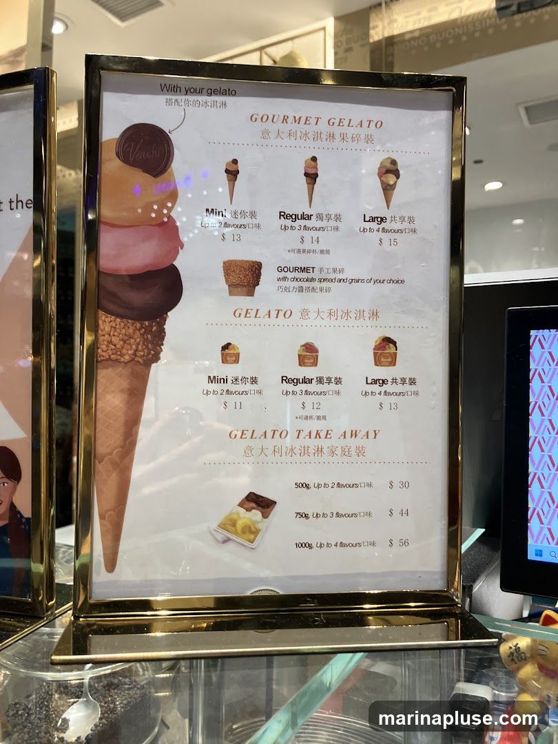 A menu displaying various gelato options, including mini, regular, and large sizes, as well as take-away family packs.