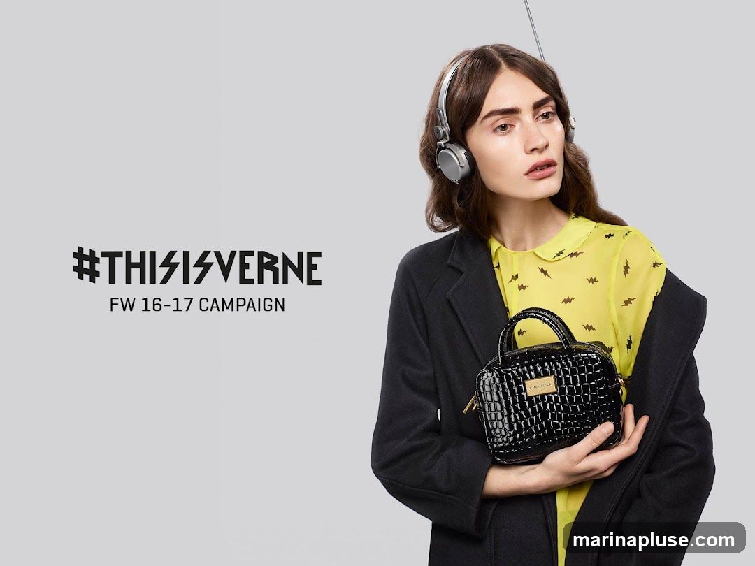 A woman wearing headphones and a yellow patterned shirt with a black coat, holding a black crocodile-embossed handbag. Text on the left reads "#THISISVERNE FW 16-17 CAMPAIGN".