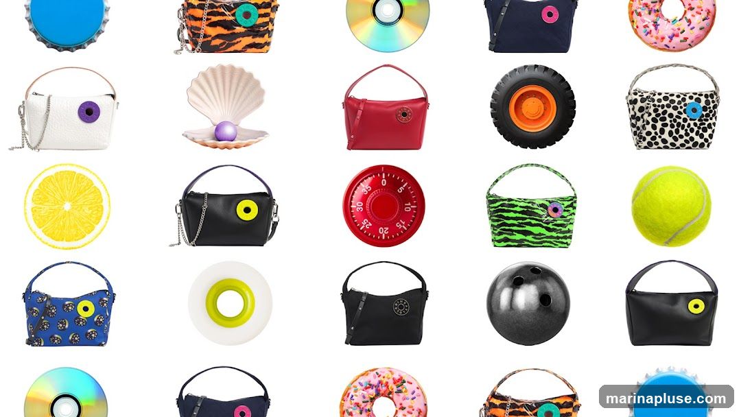 A collage of various handbags and everyday objects, including a bottle cap, a CD, a seashell with a pearl, a lemon slice, a tire, a tennis ball, a bowling ball, a donut, and a safe dial. The handbags feature diverse patterns like tiger stripes, Dalmatian spots, and a blue print with circular motifs.