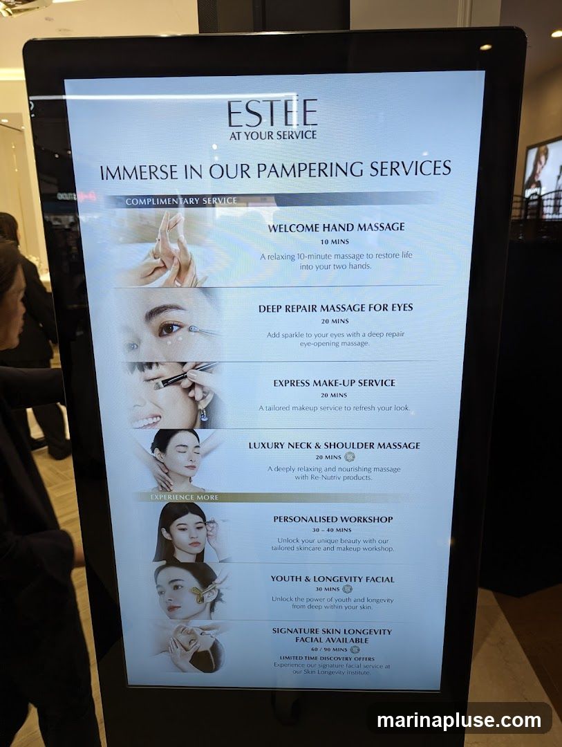A digital menu displaying various pampering services offered by Estee.