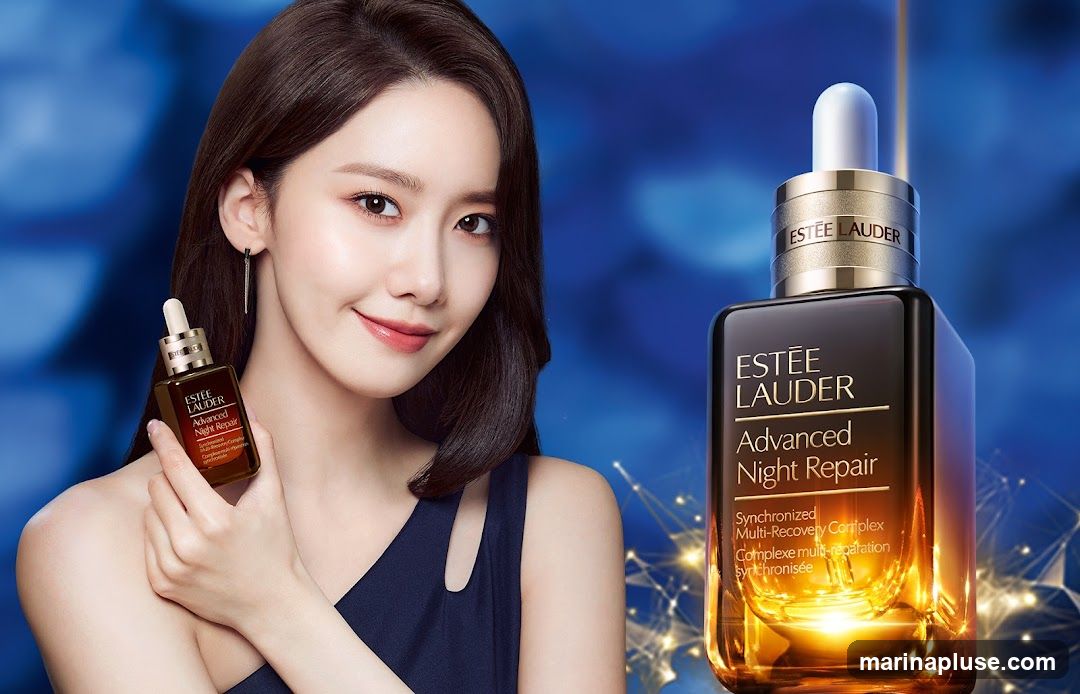 A woman with dark hair smiles and holds a bottle of Estee Lauder Advanced Night Repair serum. A larger bottle of the same product is displayed to her right. The background is a blurred blue with glowing lights.