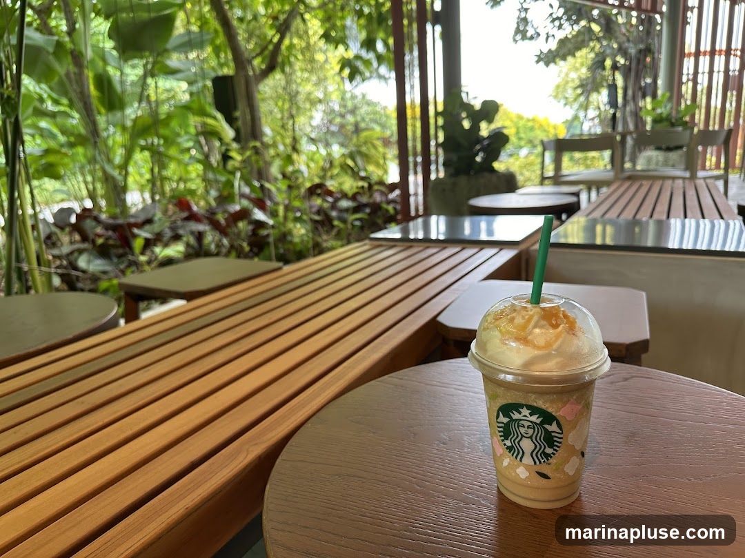 A Starbucks Frappuccino with whipped cream and caramel drizzle sits on a wooden table. The drink is in a clear plastic cup with the Starbucks logo visible. In the background, there is outdoor seating with wooden benches and tables, surrounded by lush greenery and trees.