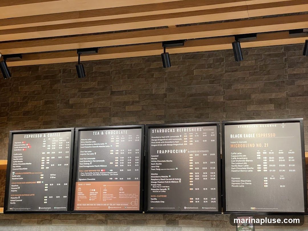 A menu board displaying various coffee, tea, and blended beverages.