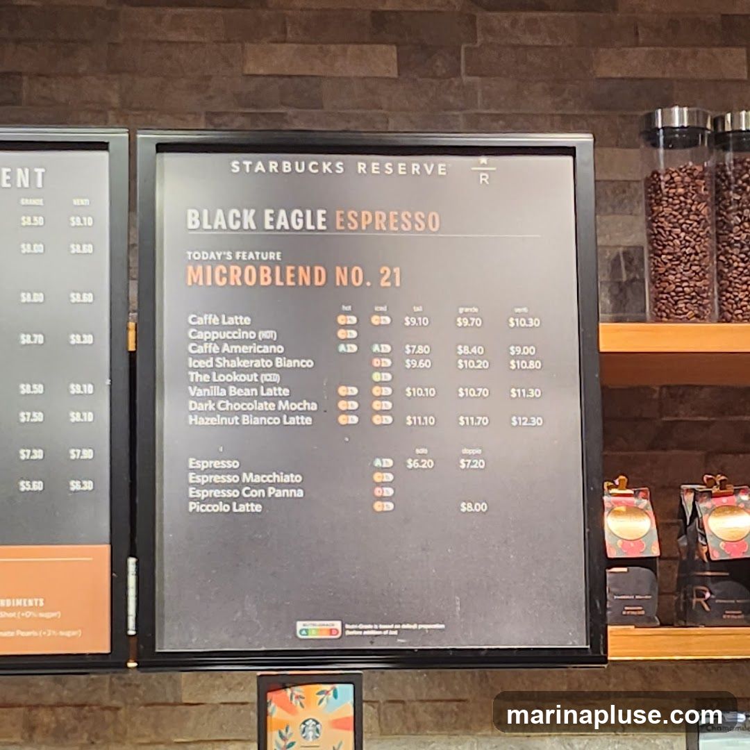 Today's feature microblend no. 21 with hot, iced, tall, grande, and venti prices.