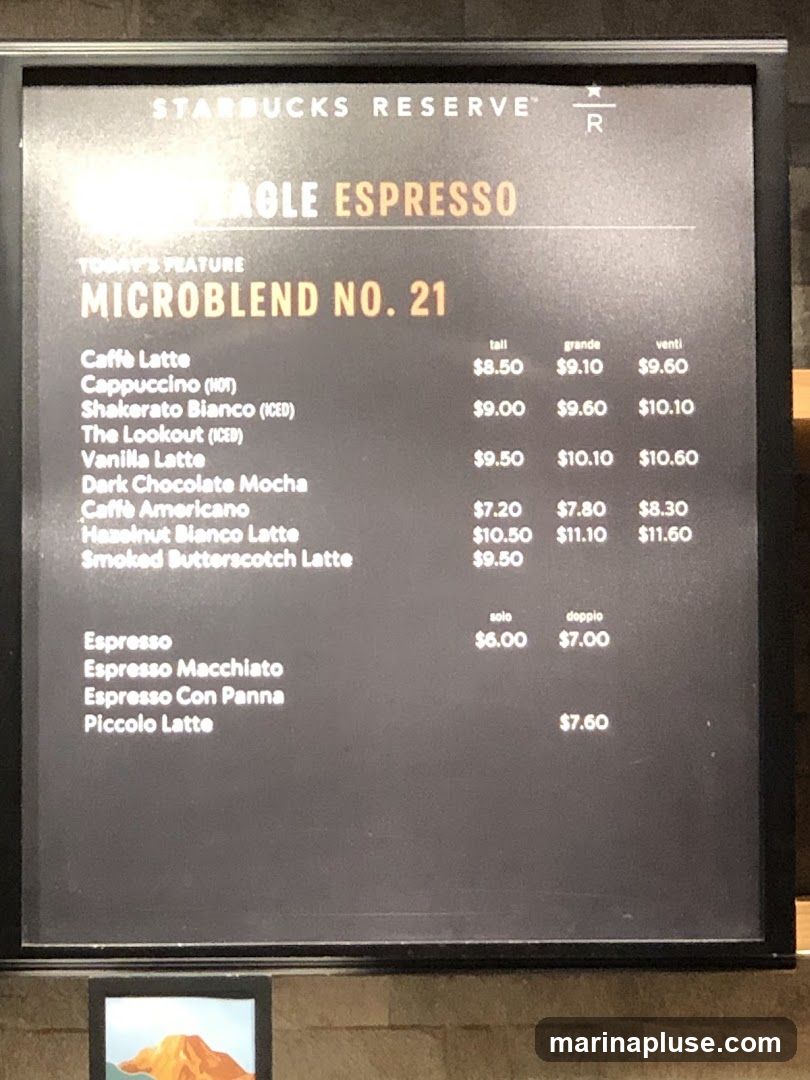 Menu for Starbucks Reserve featuring "Single Espresso" and "Microblend No. 21". Prices are listed for Tall, Grande, and Venti sizes for most drinks, and Solo and Doppio for Espresso drinks.