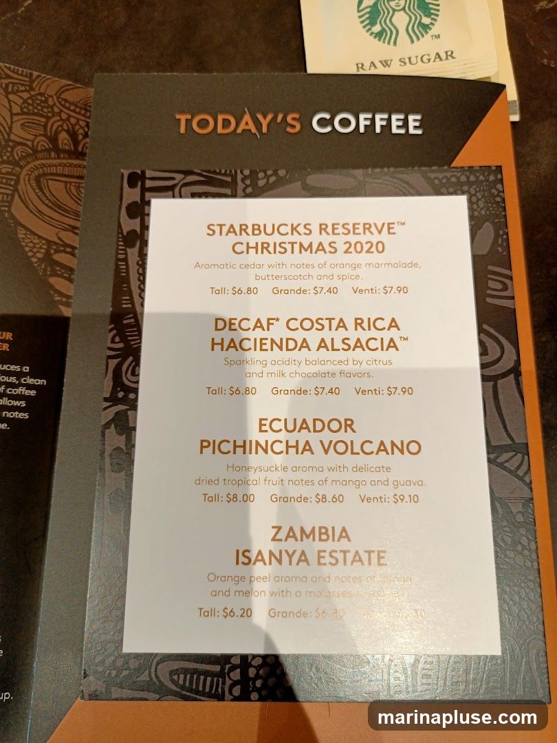 A menu featuring Starbucks Reserve coffees.