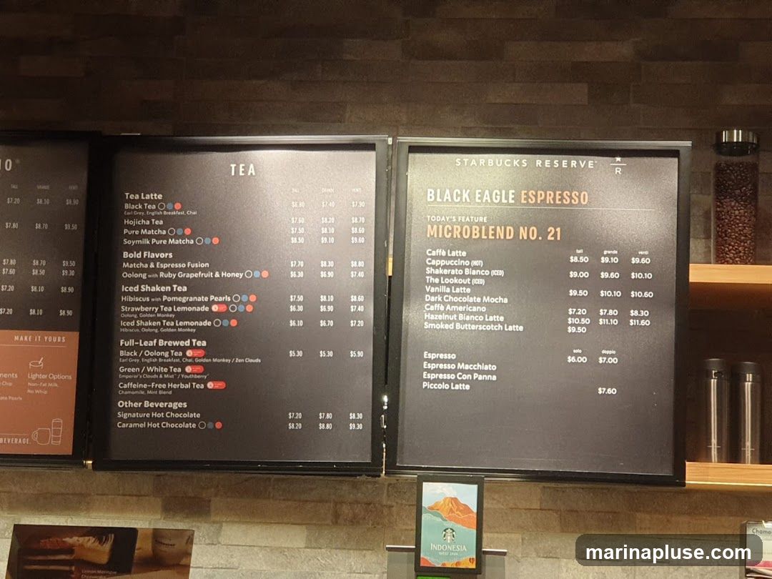 Menu board featuring Tea and Black Eagle Espresso drinks.