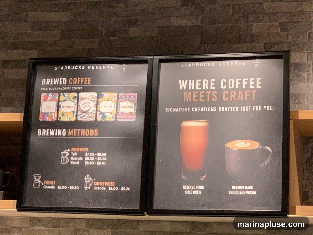 Menu board for Starbucks Reserve featuring brewed coffee options and brewing methods, as well as signature coffee creations.