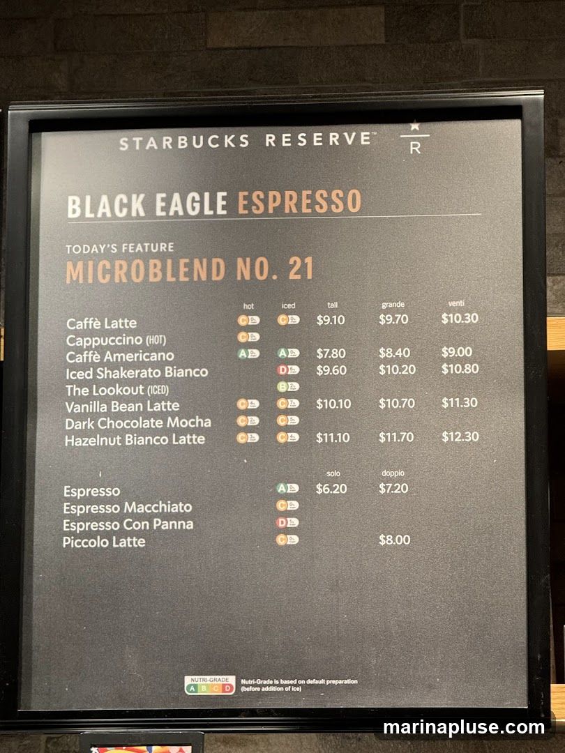 Today's Feature: Microblend No. 21. Prices for various espresso drinks are listed by size (hot, iced, tall, grande, venti, solo, doppio).