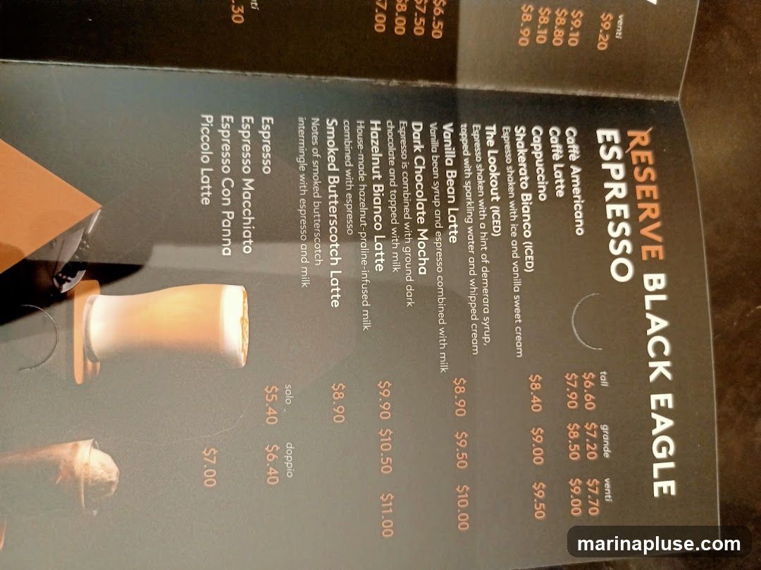 Menu featuring various espresso drinks with sizes and prices.