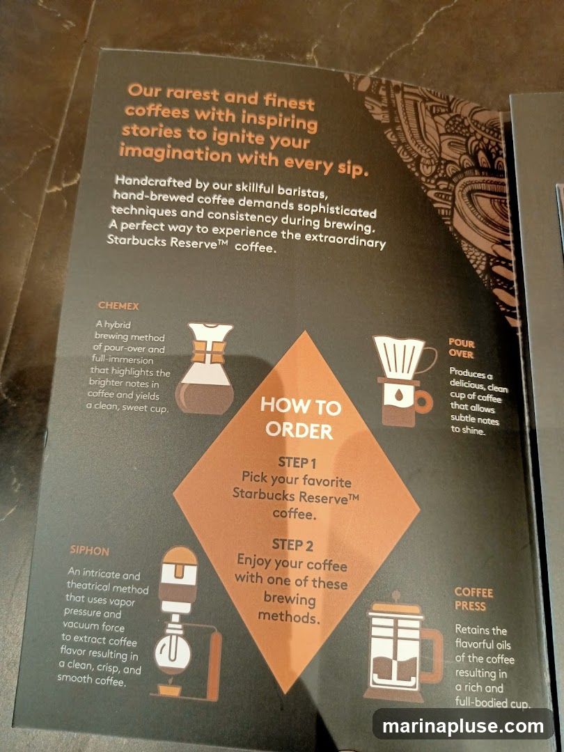 This is a promotional piece from Starbucks detailing their Reserve coffee and the brewing methods available. It explains how to order by first picking a Reserve coffee and then choosing a brewing method. The available methods described are Chemex, Siphon, Pour Over, and Coffee Press, with brief explanations of each.