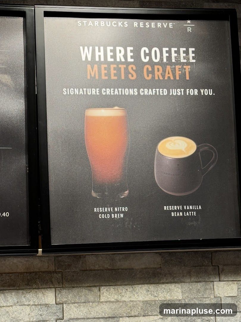 A menu board for Starbucks Reserve featuring two signature coffee drinks: Reserve Nitro Cold Brew and Reserve Vanilla Bean Latte. The board has the tagline "Where Coffee Meets Craft" and "Signature Creations Crafted Just For You.".