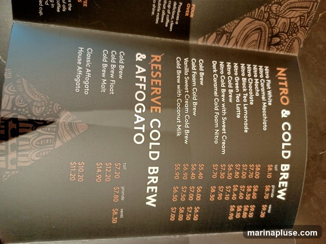 Menu featuring Nitro & Cold Brew drinks and Reserve Cold Brew & Affogato options.