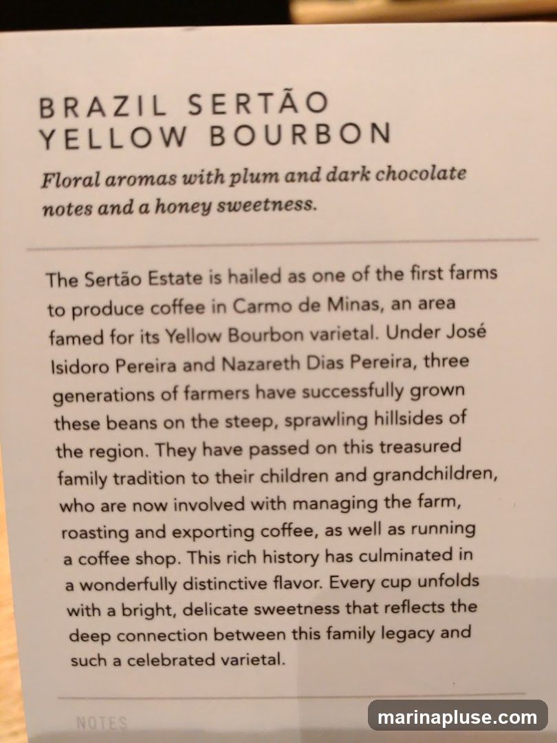 This text describes a coffee varietal called Brazil Sertão Yellow Bourbon. It highlights its floral aromas, plum and dark chocolate notes, and honey sweetness. The description details the history of the Sertão Estate, its fame for producing Yellow Bourbon coffee, and the multi-generational family tradition involved in farming, roasting, exporting, and running a coffee shop. The text emphasizes the rich history and distinctive flavor of the coffee.