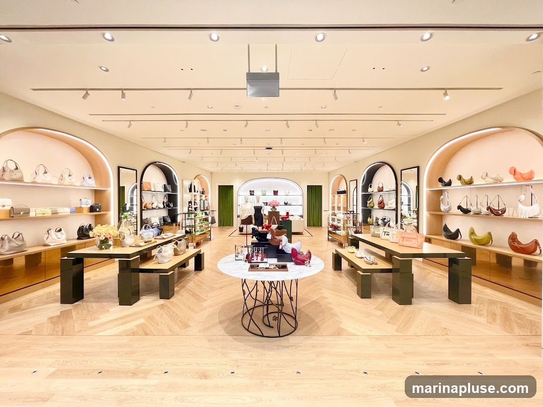 A spacious and brightly lit interior of a luxury handbag store. Arched displays line the walls, showcasing a variety of handbags on shelves. In the center, there are display tables with more handbags and decorative items. The flooring is a light-colored herringbone wood pattern. The overall ambiance is clean, modern, and elegant.