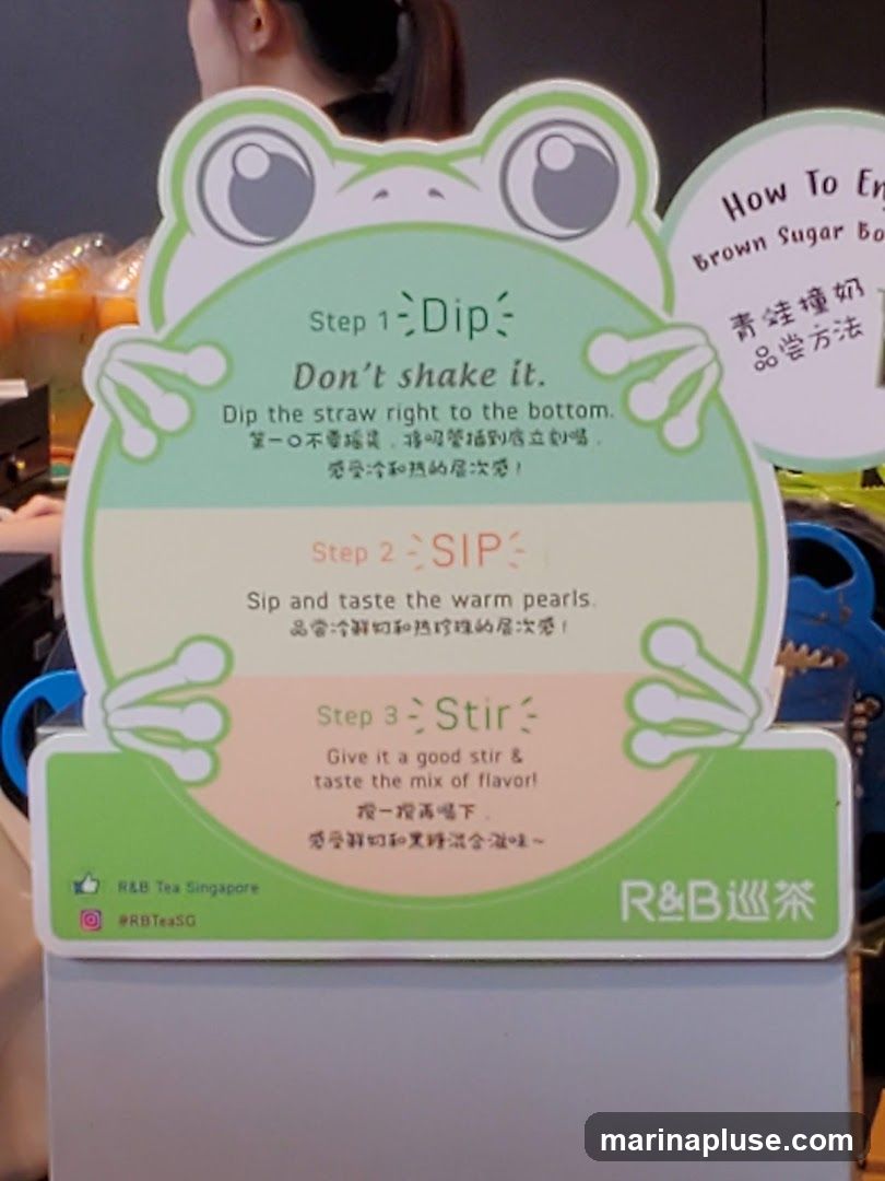 A sign shaped like a frog provides instructions on how to enjoy a drink. It details three steps: Dip, Sip, and Stir. The instructions are provided in English and Chinese. The sign also includes the R&B Tea Singapore logo and social media handles.