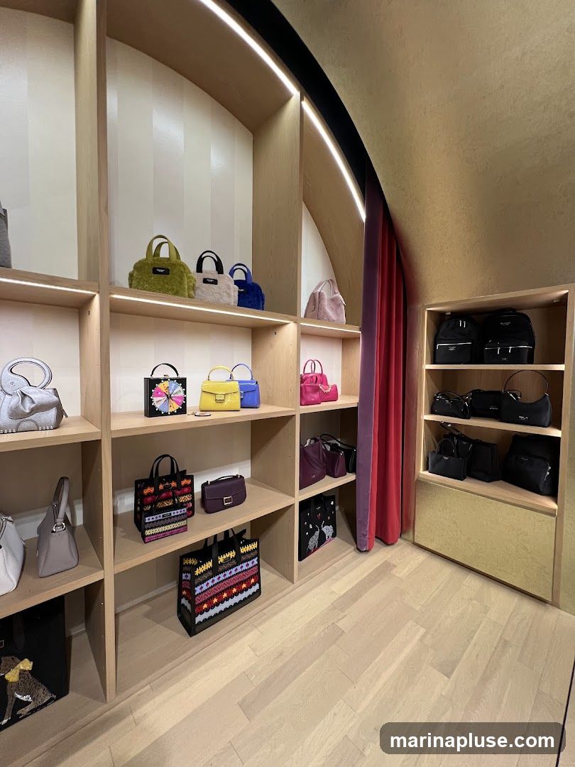 A well-lit retail display featuring a variety of handbags on wooden shelves. The bags range in color, size, and material, including fuzzy, leather, and woven styles. Some bags have intricate patterns, while others are solid colors. The display is organized with lighting integrated into the shelving.