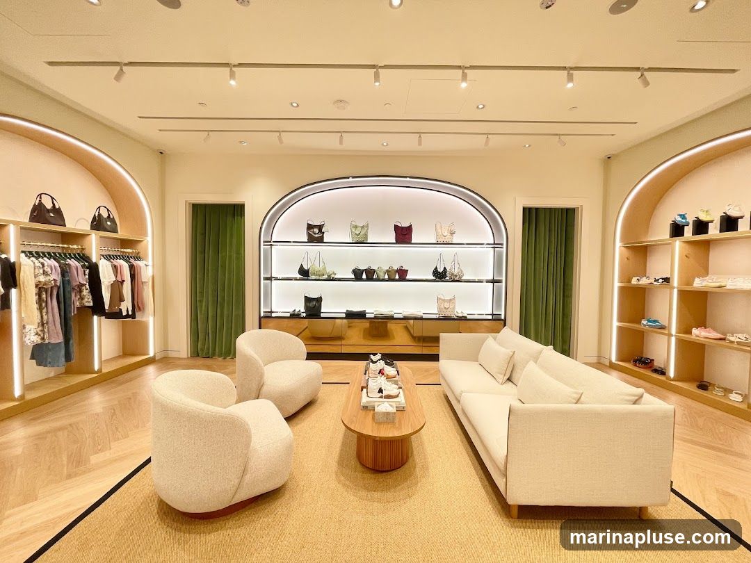 A well-lit and elegantly designed interior of a fashion boutique. The store features clothing racks with stylish apparel on the left, and shelves displaying handbags and shoes on the right. In the center, a display cabinet showcases various handbags, and a comfortable seating area with a sofa and armchairs is arranged around a coffee table. The overall ambiance is sophisticated and inviting, with warm lighting and a neutral color palette.