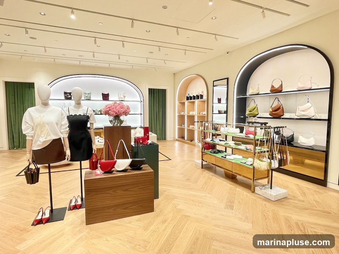 The interior of a well-lit boutique store displays a collection of handbags and shoes on shelves and mannequins. Two mannequins are dressed in fashionable outfits, one with a white graphic sweatshirt and brown skirt, and the other in a black scalloped-strap dress. A display of red, white, and black handbags is arranged on a wooden pedestal. Shelving units showcase various handbags in different colors and styles, as well as shoes. The store features a modern design with arched displays and a wooden herringbone floor.