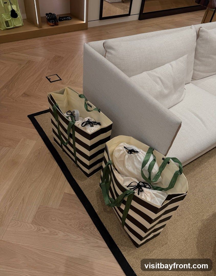 Two striped shopping bags with green handles are placed on a rug next to a light-colored sofa. The bags contain white drawstring pouches. The floor is made of light wood in a herringbone pattern. In the background, a shelf displays shoes and a green bag.