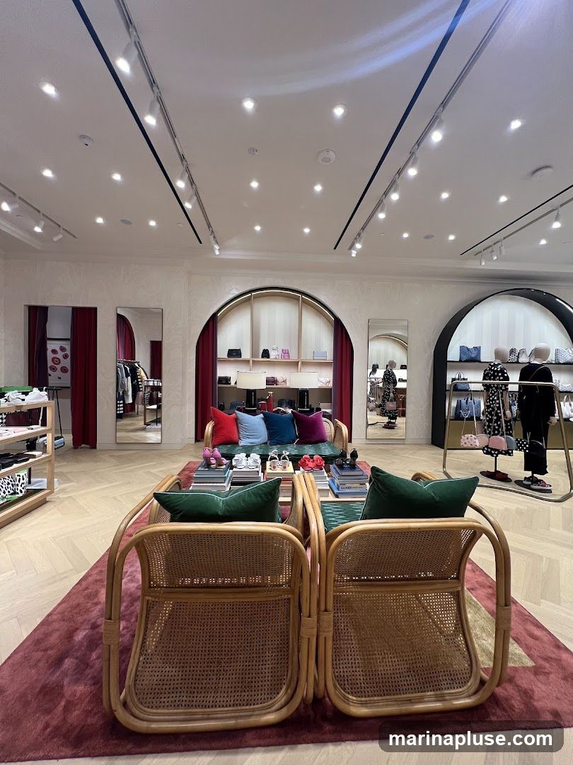 A well-lit, spacious interior of a luxury retail store. The space features a seating area with rattan chairs and a sofa adorned with colorful cushions. Display shelves and racks showcase handbags, shoes, and clothing. Archways lead to further display areas. Mirrors are strategically placed to enhance the sense of space. The flooring is light wood with a large, dark red rug.