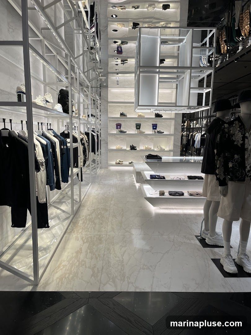 A brightly lit, modern retail store interior with a minimalist design. White shelving units display a variety of footwear and apparel. Racks of clothing are visible on the left, and mannequins dressed in stylish outfits stand on the right. The floor is a polished marble pattern, and the ceiling features reflective surfaces and integrated lighting.