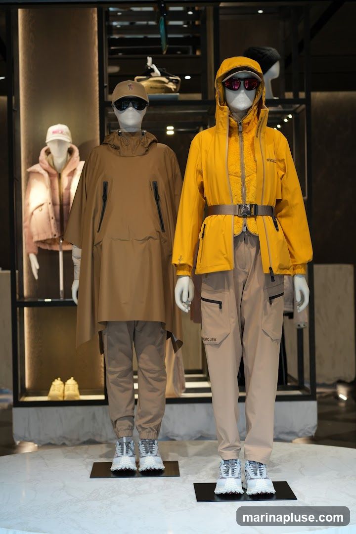 Two mannequins are displayed in a store setting, showcasing outdoor clothing. The mannequin on the left wears a tan poncho over tan pants and sneakers. The mannequin on the right is dressed in a yellow hooded jacket with a belt, tan cargo pants, and sneakers. Behind them, other clothing items and accessories are visible on shelves, including a pink puffer jacket and hats.