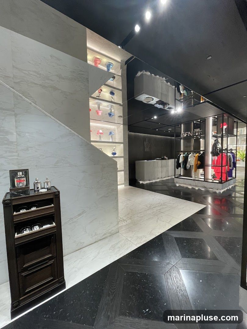 A high-end retail store interior with a modern and minimalist design. The space features marble walls, a dark wood floor with a geometric pattern, and a black ceiling with track lighting. Display shelves on the left showcase various hats and accessories. In the background, a counter with a logo is visible, along with racks of clothing. A dark wooden cabinet with glass shelves displays perfumes and accessories.