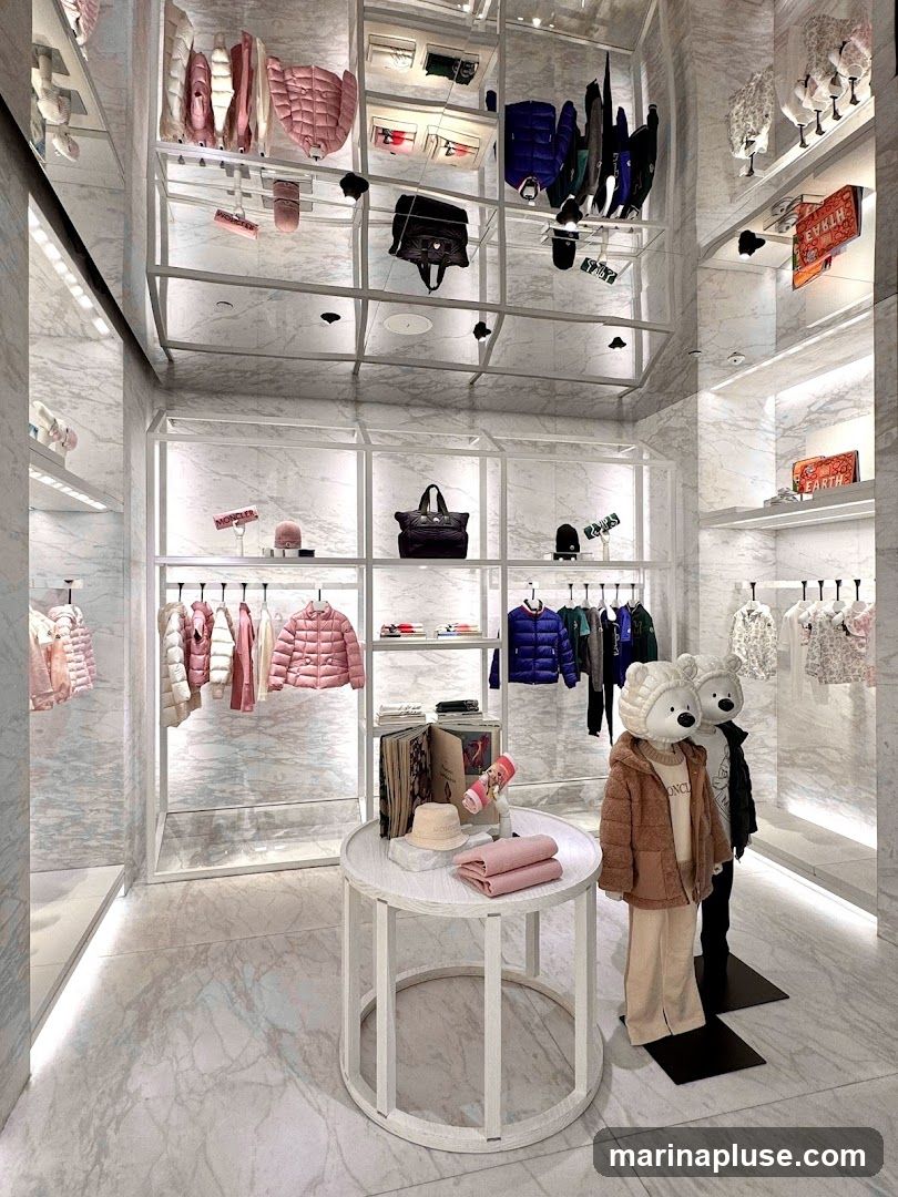 A brightly lit, modern retail store interior with marble-patterned walls and floors. Racks of puffer jackets in various colors, including pink, blue, and white, are displayed. Several black handbags are also visible on shelves. A round white table in the foreground holds books, a hat, and folded pink garments. Two bear-shaped mannequins, dressed in puffer jackets and pants, stand in the center of the store.