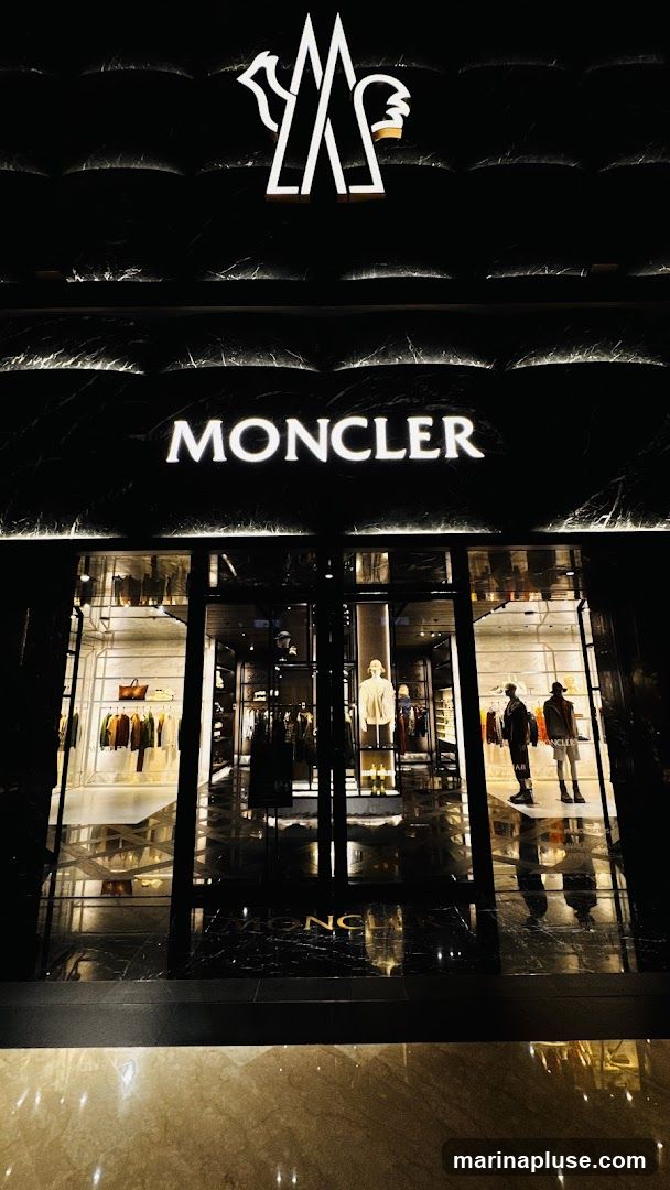 The exterior of a Moncler store at night. The store features a large glass facade revealing a well-lit interior with clothing displays and mannequins. Above the entrance, the Moncler logo and name are prominently displayed in illuminated signage. The facade is framed by dark marble with subtle lighting.