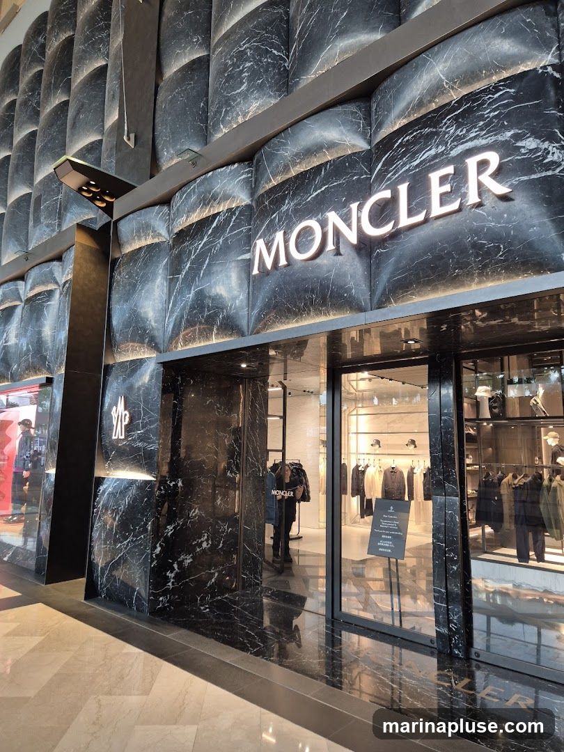 The exterior of a Moncler store with a marble-patterned facade. The store's name, "MONCLER," is prominently displayed in illuminated letters above the entrance. The entrance features large glass doors and windows, offering a view of clothing racks and displays inside. A Moncler logo is visible on a pillar near the entrance.