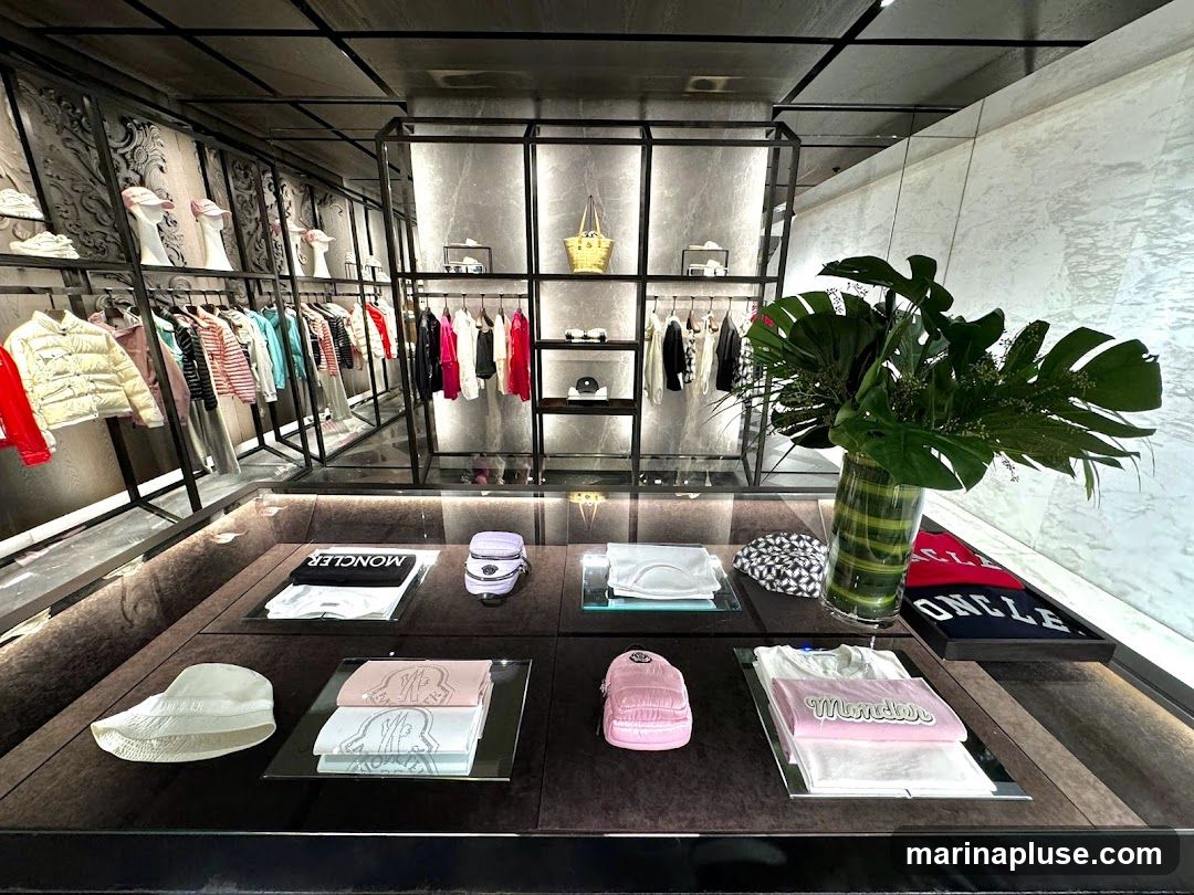 A well-lit, modern retail store interior displaying Moncler branded clothing and accessories. Racks of colorful jackets and tops are visible, along with display cases featuring folded t-shirts, hats, and a backpack. A large vase with tropical foliage adds a decorative touch. The store's branding is evident on several displayed items.