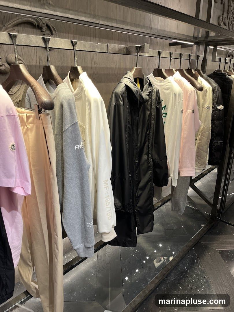 A rack of clothing, including t-shirts, sweatshirts, pants, and jackets, is displayed in a store. The garments are in various colors, including pink, beige, grey, white, and black. Some items have visible branding.