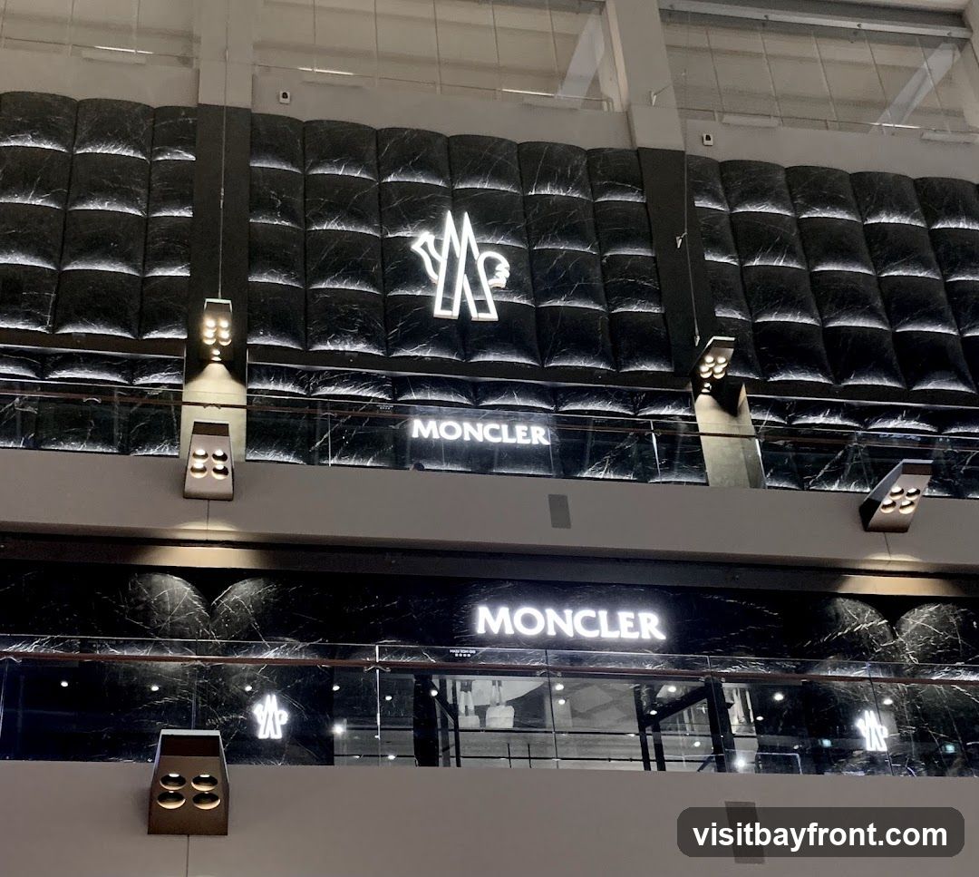 The image shows the exterior of a Moncler store. The store features a dark, marble-patterned facade with illuminated Moncler logos and signage. The upper level has a large, stylized Moncler logo against a quilted, dark background. Below, a prominent "MONCLER" sign is visible, along with more logos and architectural lighting. The lower level also displays "MONCLER" signage and logos, with glass storefronts revealing glimpses of the interior.