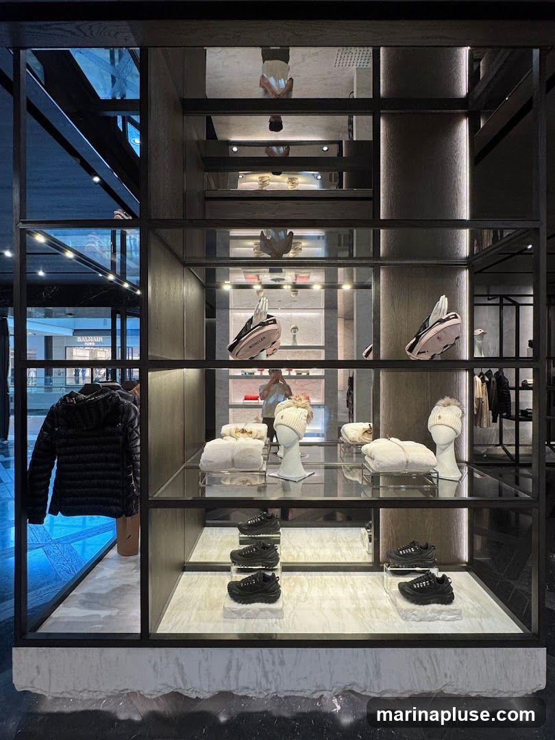 A display of Moncler merchandise including jackets, hats, and shoes. The display features a modern, minimalist design with shelves and lighting. In the background, other store sections are visible, including a rack of jackets and a glimpse of a shopping mall.