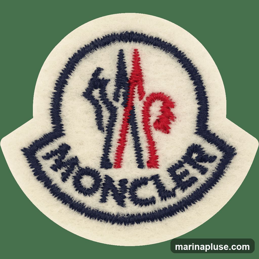 A close-up, embroidered patch featuring the Moncler logo. The logo is circular with a white background and a navy blue embroidered border. Inside the border, the word "MONCLER" is embroidered in navy blue. In the center of the logo are two figures, one in navy blue and the other in red, resembling ski poles or abstract figures. The patch is made of a felt-like material.