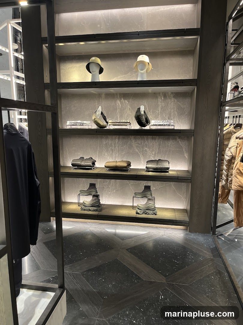 A well-lit retail display featuring Moncler merchandise. The shelves showcase hats on mannequins, bags, and footwear. The flooring is a dark, patterned marble. Clothing racks with jackets are visible in the background.