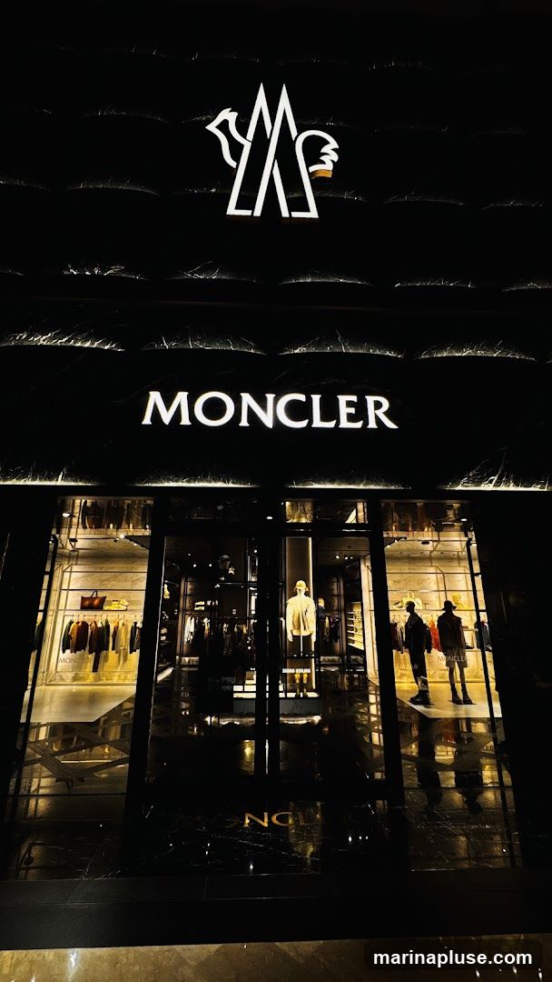 The exterior of a Moncler store at night. The store features a large illuminated sign with the Moncler logo and name. Through the glass facade, racks of clothing and mannequins displaying outfits are visible. The entrance is centrally located with glass doors.